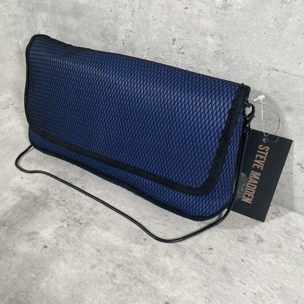 NEW STEVE MADDEN BJEWEL FLAP WALLET BAG PURSE CLUTCH BLUE STITCH‎ MSRP $58
